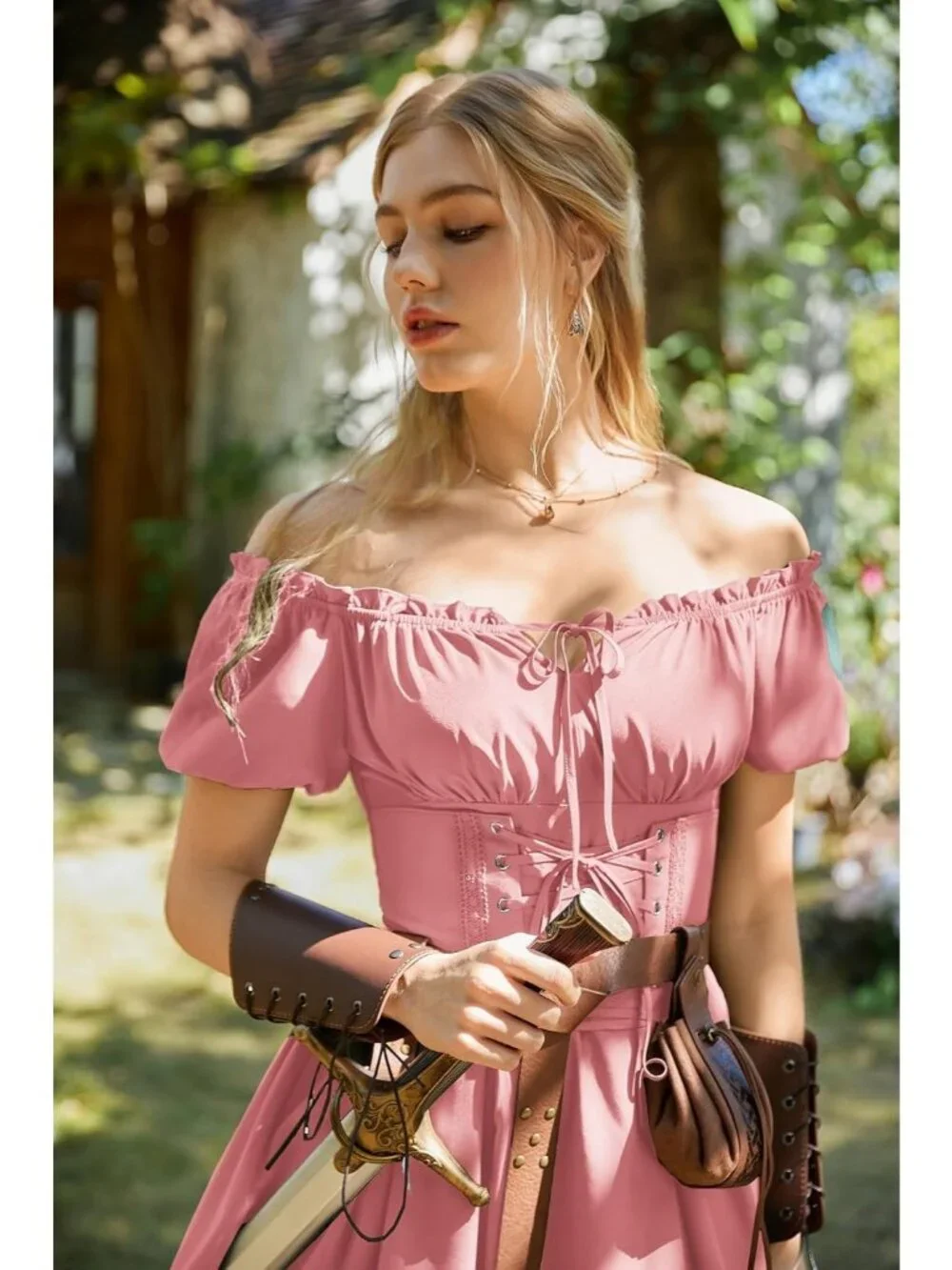 Scarlet Darkness Women Dusty Pink Corset Midi Off Shoulder Fairy Dresses - Picture 5 of 6